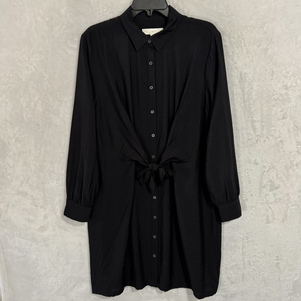 NEW Loft Dahlia Tie Front Mini‎ Shirt Dress Size 14 Black Collared Minimalist - Picture 2 of 12